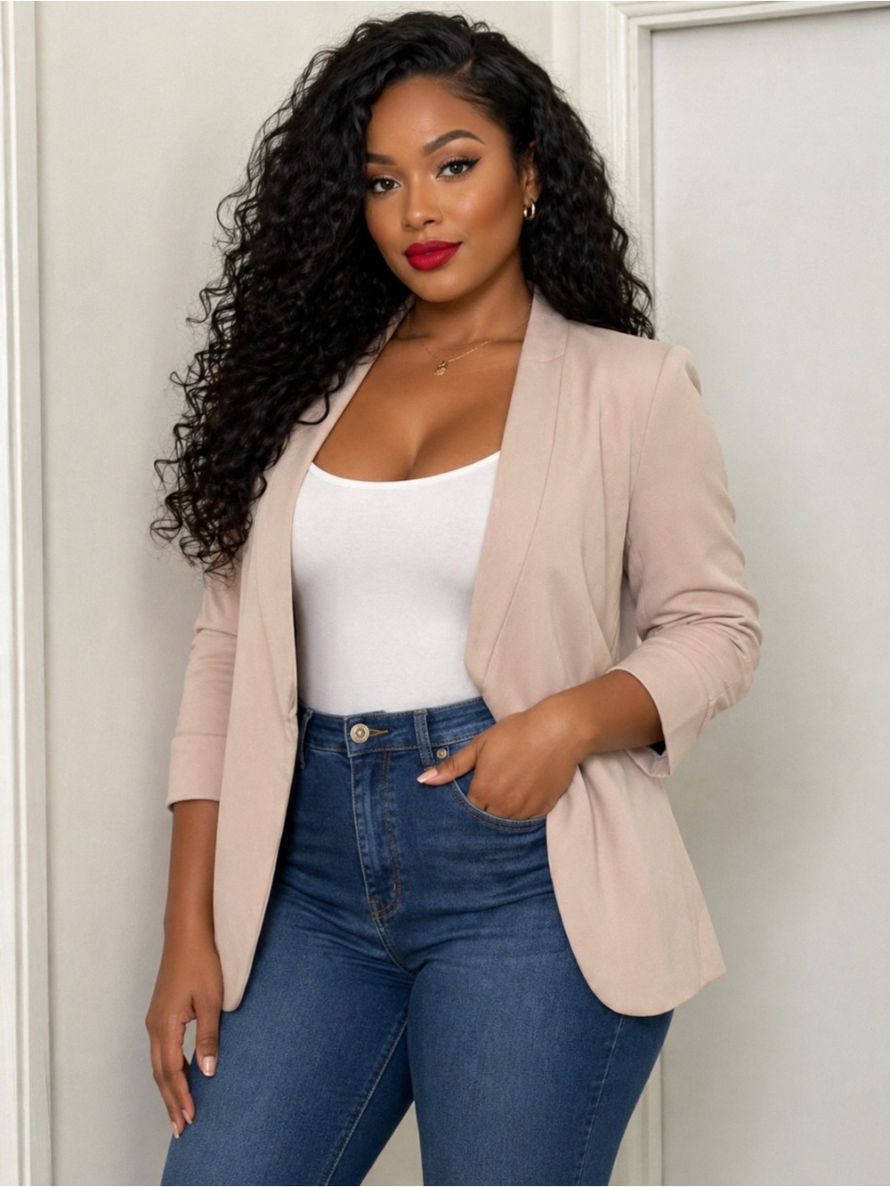H&M Women's Open-Front Blazer Jacket in Pinkish Beige